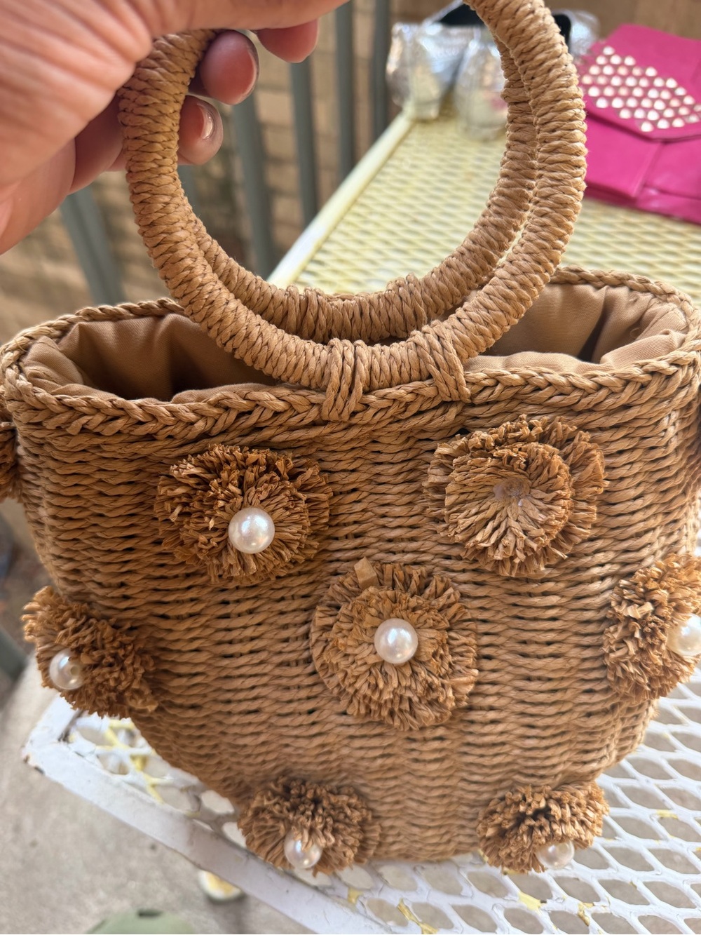 Handwoven Straw Tote Bag with Pearl Flower Accents - Tan